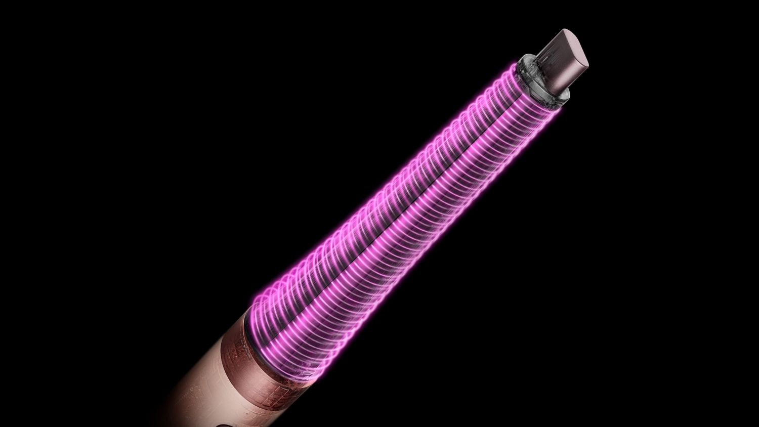 Pink graphics show the airflow around the Dyson Airwrap Conical Co-anda2x curling barrel.