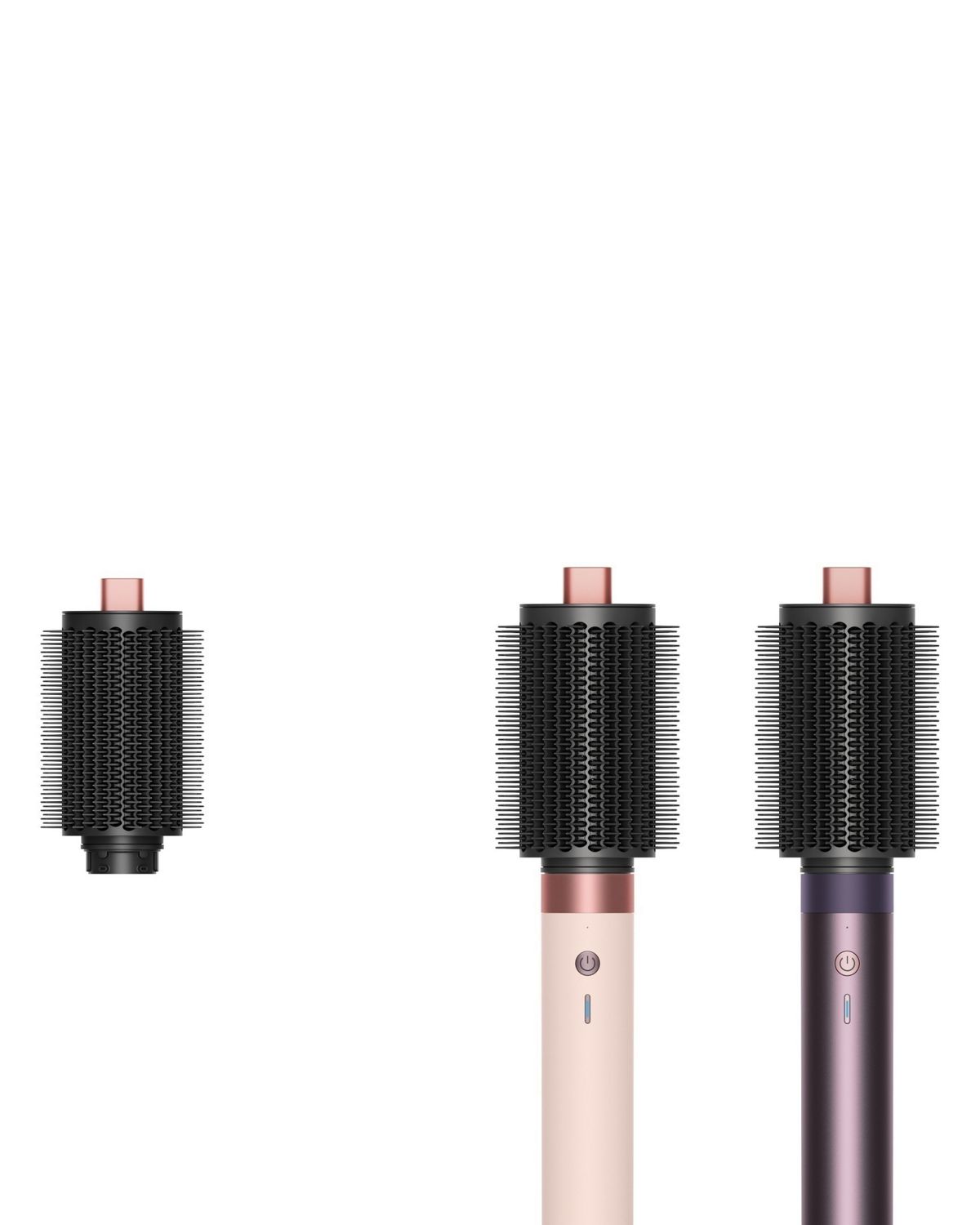 Spazzola volumizzante rotonda Dyson 2x accanto allo styler Dyson Airwrap Co-anda2x in varie colorazioni.
