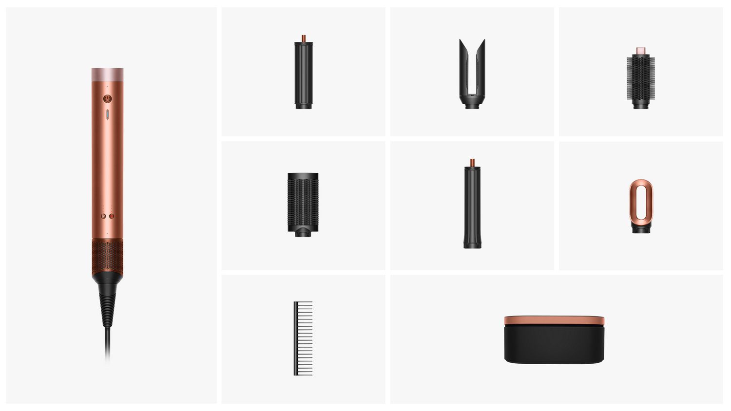  The Dyson Airwrap Co-anda2x multi-styler and dryer with the accessories included in the box.