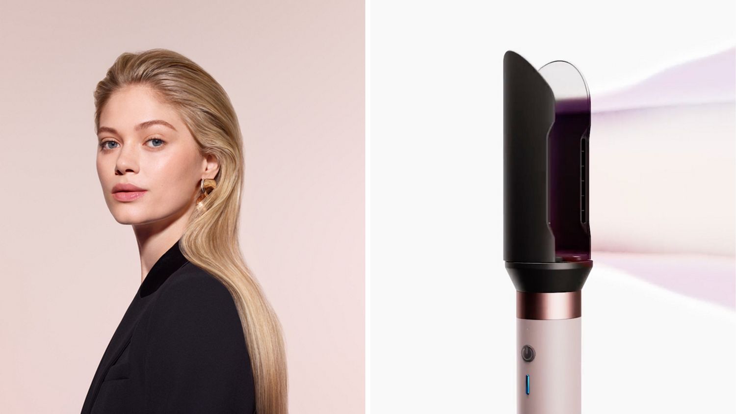  The Dyson Airwrap Co-anda2x multi-styler and dryer with the Wave+Curl diffuser 2x attachment next to a coily haired model.