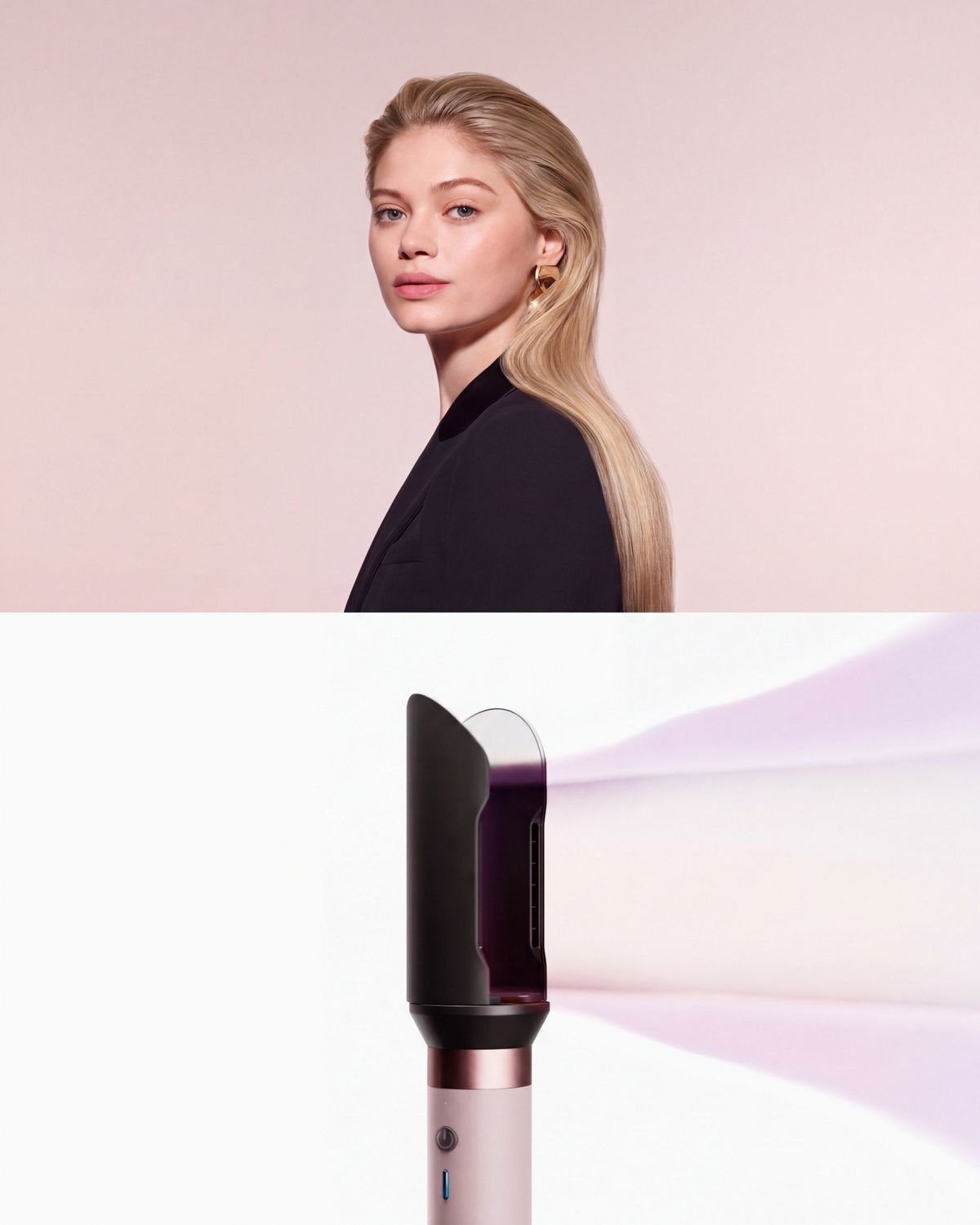  The Dyson Airwrap Co-anda2x multi-styler and dryer with the Wave+Curl diffuser 2x attachment next to a coily haired model.