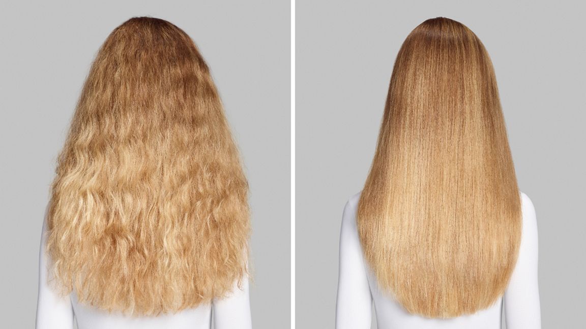 Vorher- und Nachher-Ansichten natürlich welliger, blonder Haare, die mit dem Co-anda Hairstyler geglättet wurden.