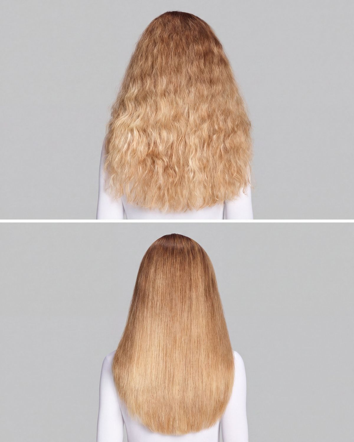 Antes y después de una modelo con cabello ondulado, moldeado con el moldeador multifunción y secador Dyson Airwrap Co-anda2x.