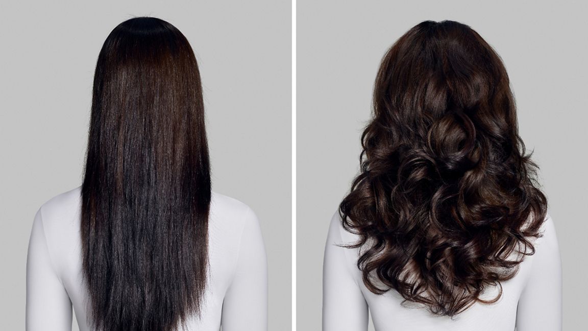 Vorher- und Nachher-Ansichten glatten Haare, die mit dem Co-anda Hairstyler geglättet wurden.