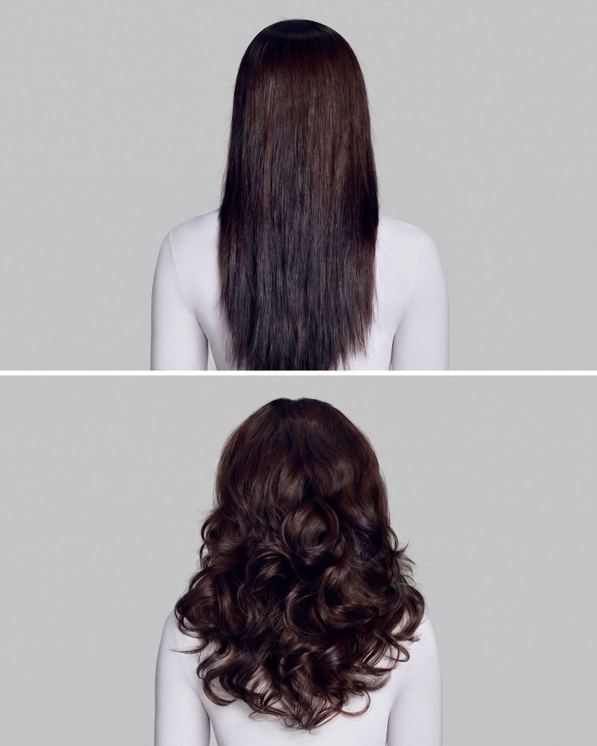 Antes y después de una modelo con cabello liso, moldeado con el moldeador multifunción y secador Dyson Airwrap Co-anda2x.