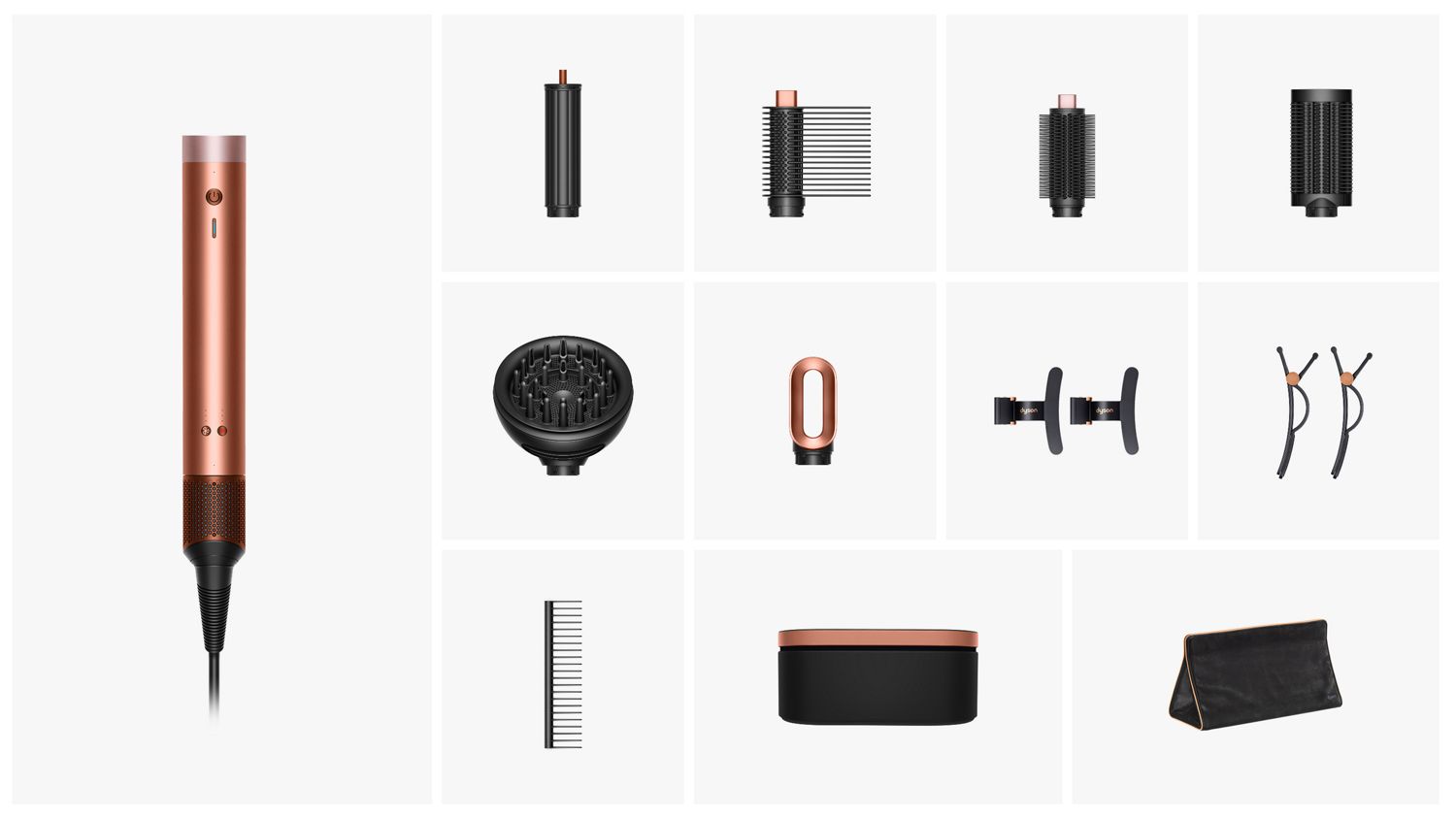  The Dyson Airwrap Co-anda2x multi-styler and dryer with the accessories included in the box.