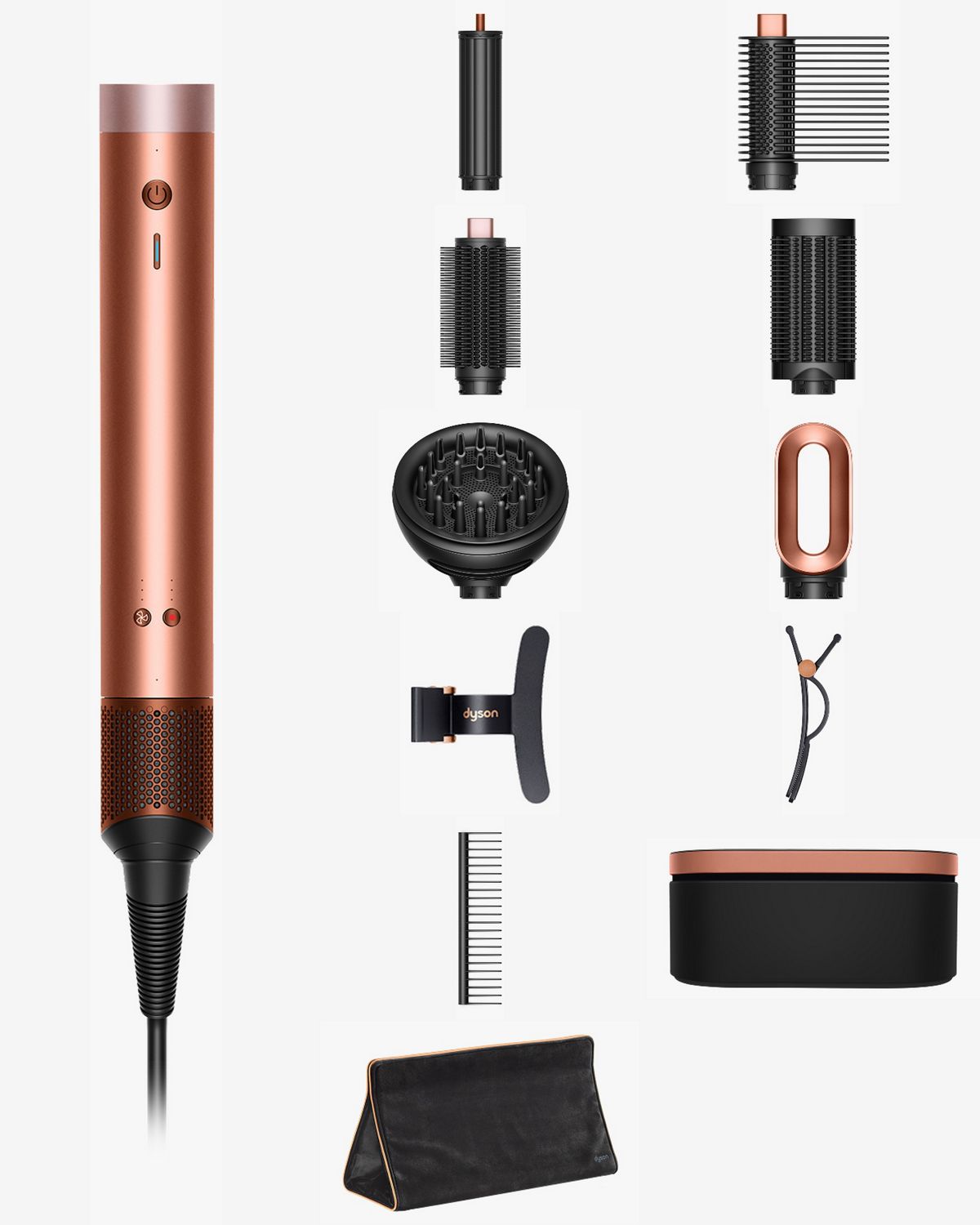  The Dyson Airwrap Co-anda2x multi-styler and dryer with the accessories included in the box.