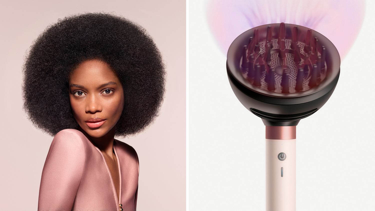  The Dyson Airwrap Co-anda2x multi-styler and dryer with the Wave+Curl diffuser 2x attachment next to a coily haired model.