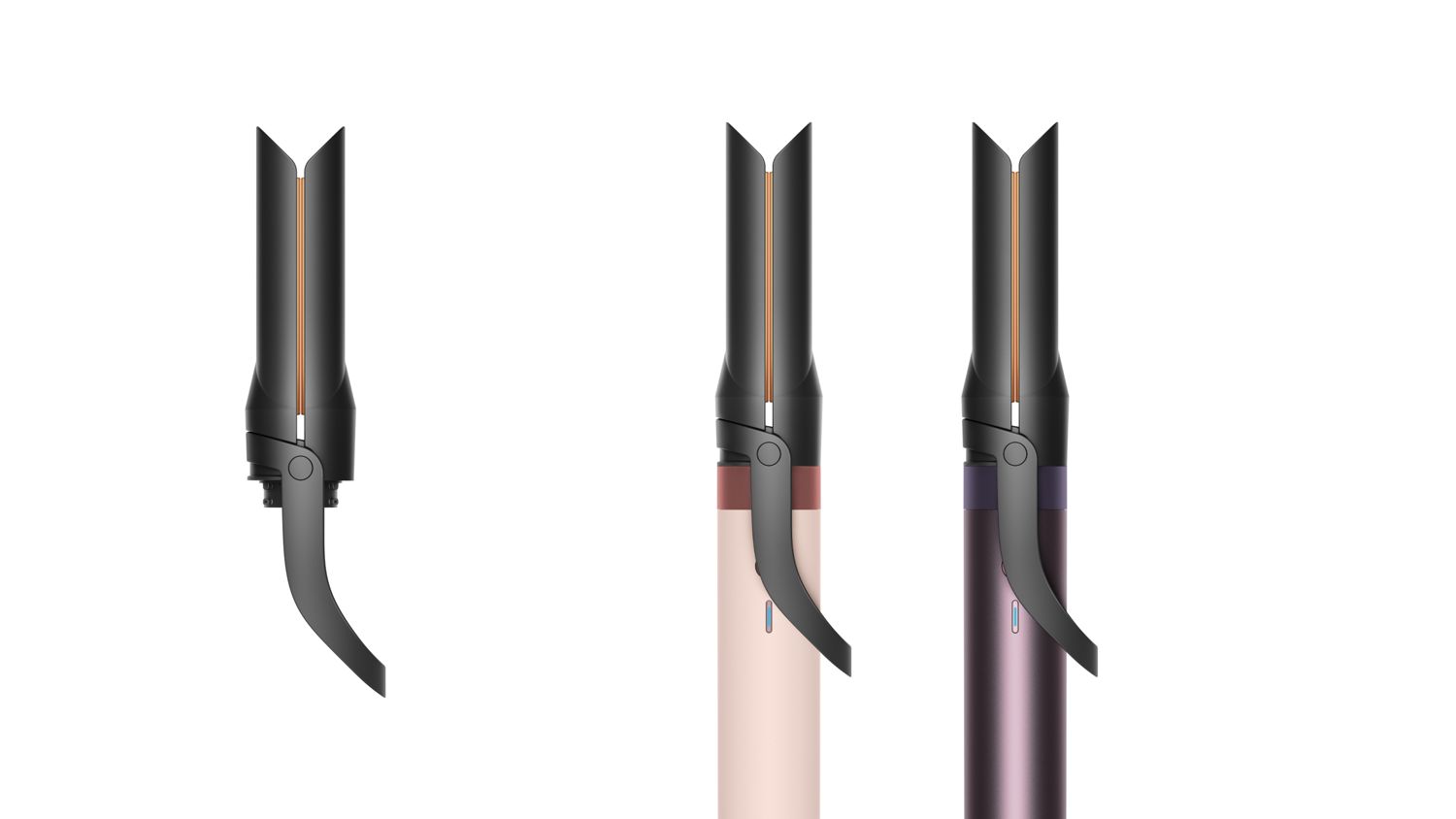 Dyson Air straightener 2x attached to different colours of Airwrap Co-anda2x multi-styler and dryer.