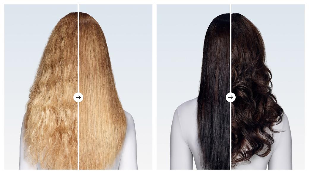 Before and after views of hair being styled with the Dyson Airwrap Co-anda2x multi-styler and dryer.