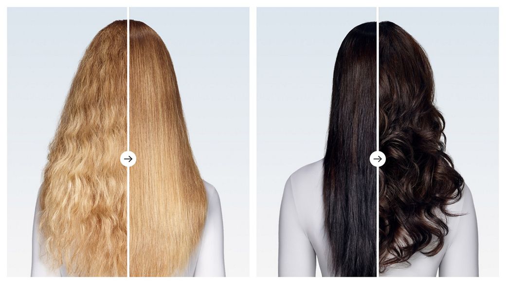 Before and after views of hair being styled with the Dyson Airwrap Co-anda2x multi-styler and dryer.