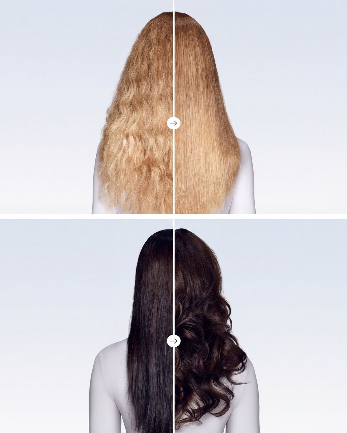 Before and after views of hair being styled with the Dyson Airwrap Co-anda2x multi-styler and dryer.
