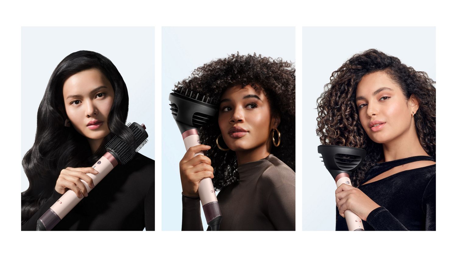 A trio of models dry and style their hair with the Dyson Airwrap Co-anda2x multi-styler and dryer.