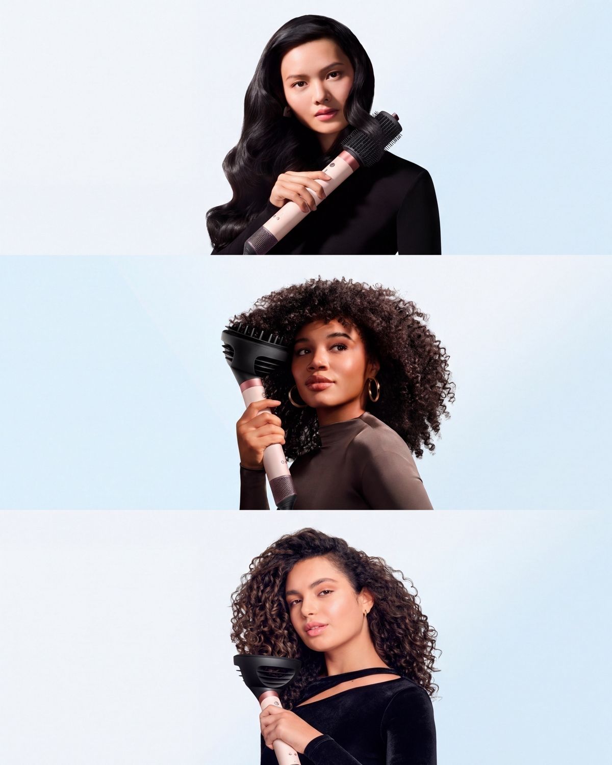 A trio of models dry and style their hair with the Dyson Airwrap Co-anda2x multi-styler and dryer.