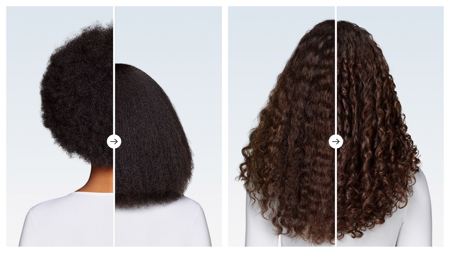 Before and after views of hair being styled with the Dyson Airwrap Co-anda2x multi-styler and dryer.