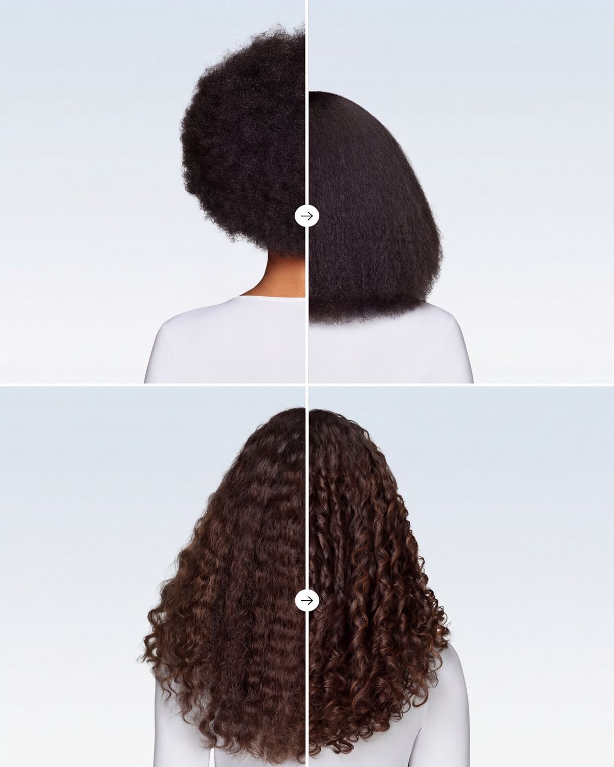 Before and after views of hair being styled with the Dyson Airwrap Co-anda2x multi-styler and dryer.