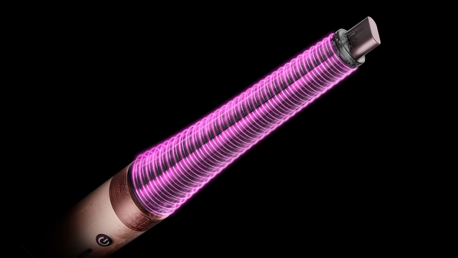 Pink graphics show the airflow around the Conical curling barrel.