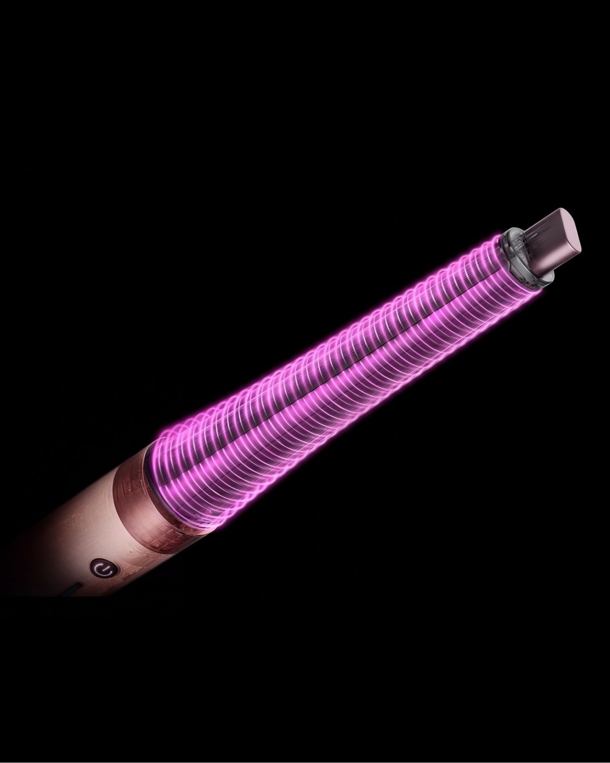 Pink graphics show the airflow around the Conical curling barrel.