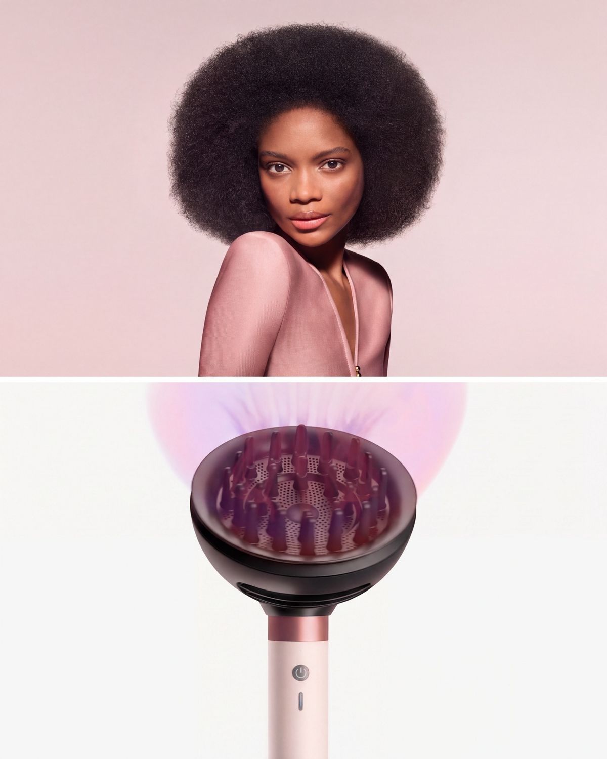 The Dyson Airwrap Co-anda2x multi-styler and dryer with the Wave+Curl diffuser 2x next to a model with dark coily hair.