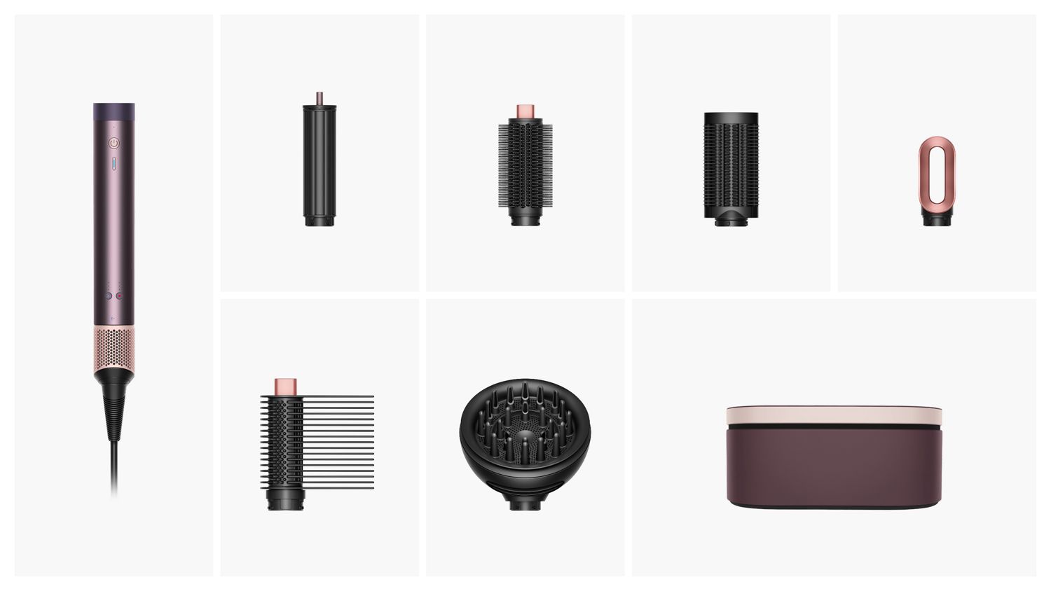 The Dyson Airwrap Co-anda2x multi-styler and dryer with the accessories included in the box.