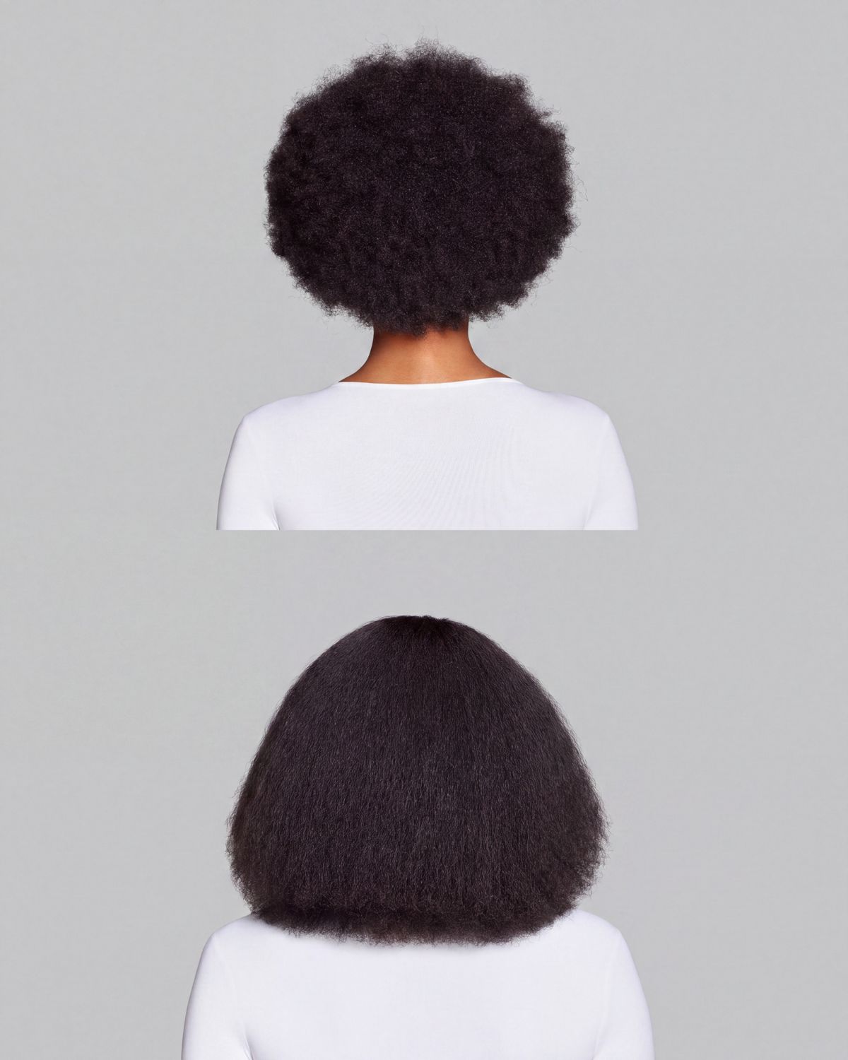  Before and after of naturally coily hair styled with the Dyson Airwrap Co-anda2x multi-styler.