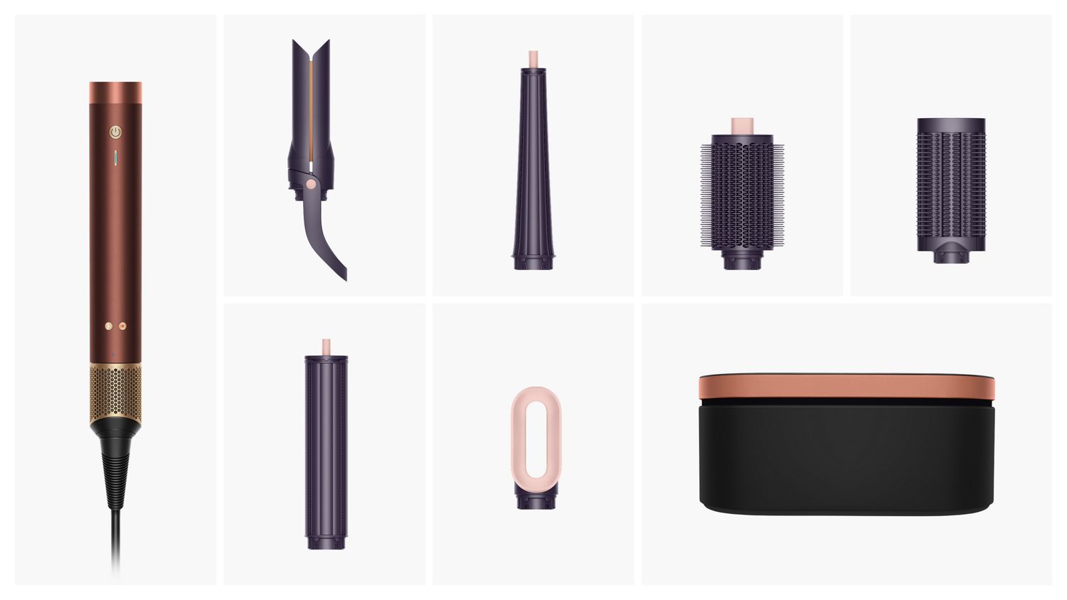 Dyson Airwrap Co-anda2x multi-styler and dryer with the attachments and accessories included in the box.