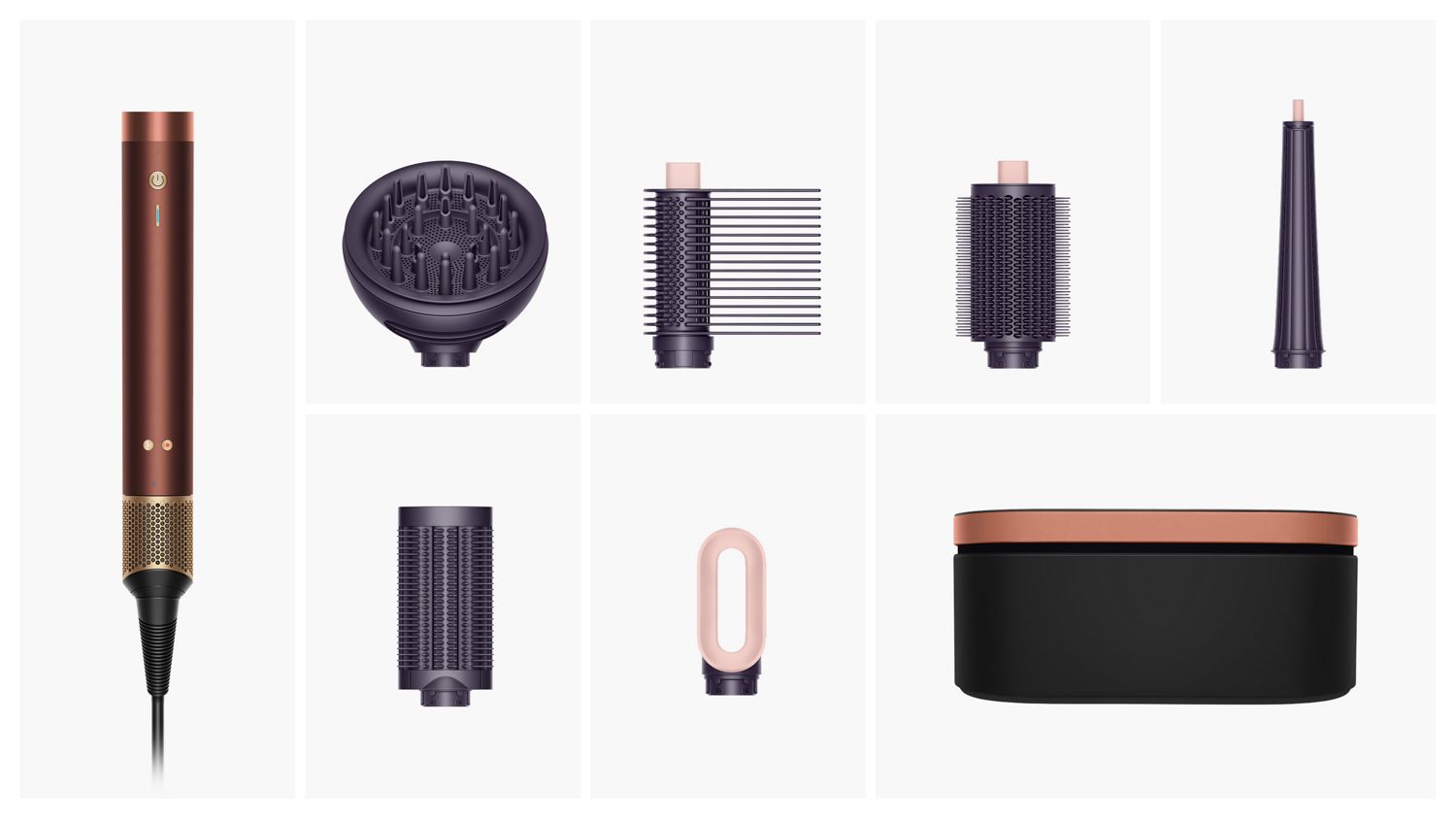 Dyson Airwrap Co-anda2x-multistyler og hårtørrer med de mundstykker og det tilbehør, der følger med i æsken.