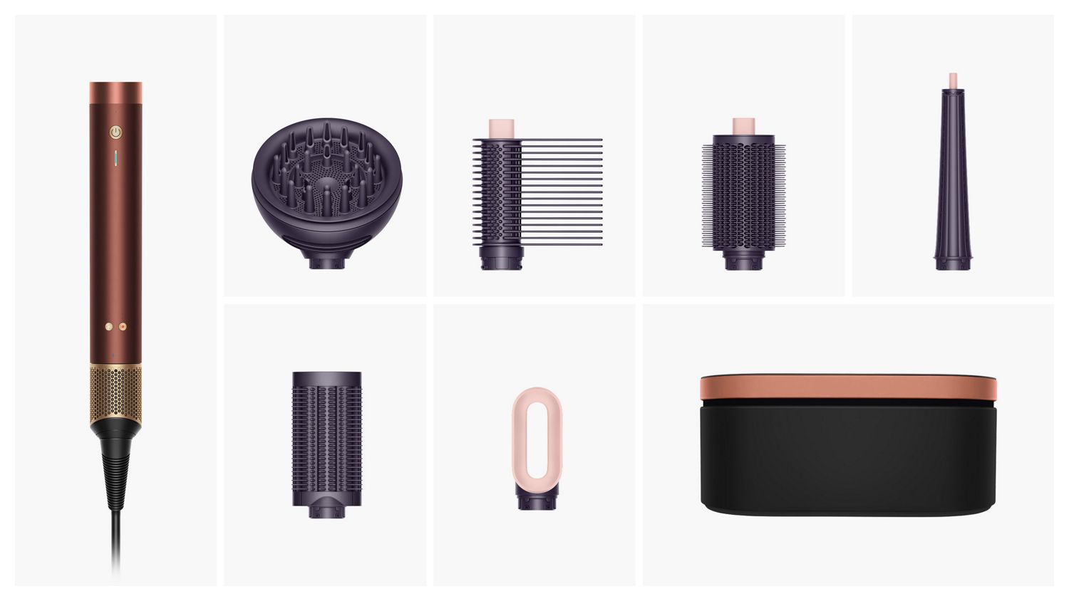 Dyson Airwrap Co-anda2x multi-styler och hårfön med tillbehören och accessoarerna som ingår i förpackningen.