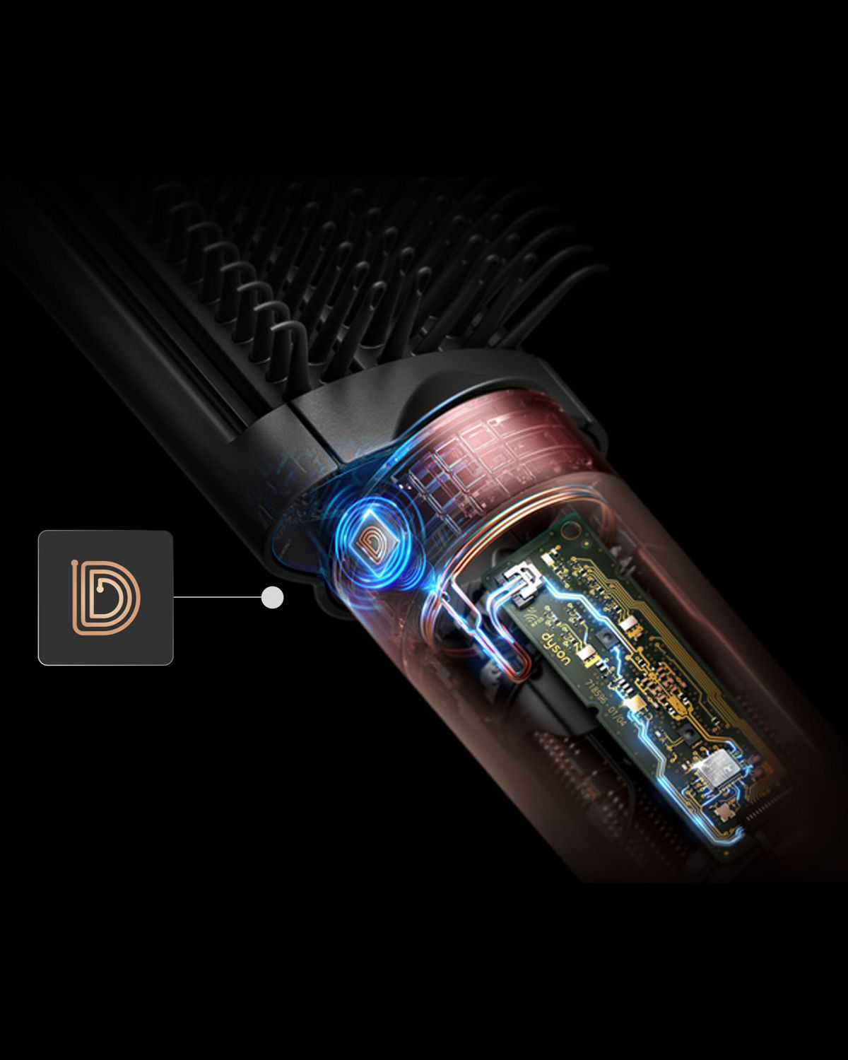 Sección transversal que muestra la tecnología avanzada dentro del moldeador multifunción y secador Dyson Airwrap Co-anda2x. 