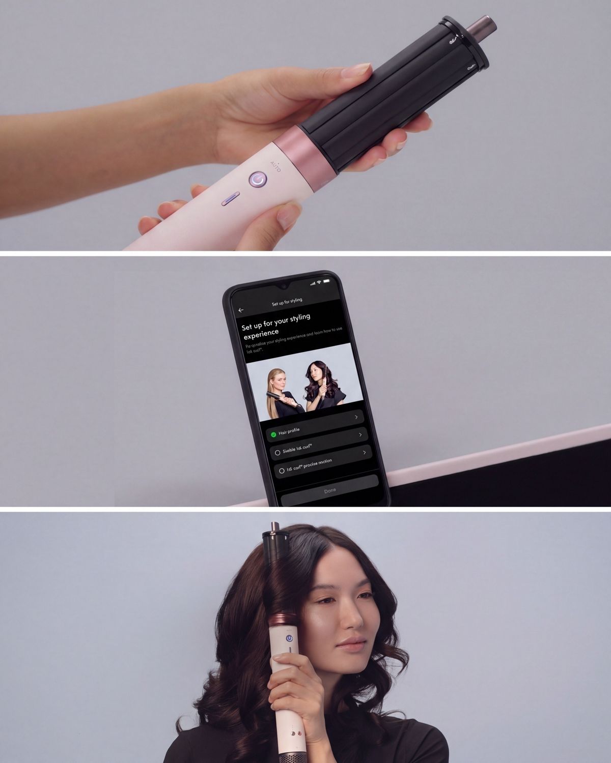 Un moldeador multifunción y secador Dyson Airwrap Co-anda2x está conectado a un teléfono mediante la aplicación MyDyson y la conectividad Bluetooth.