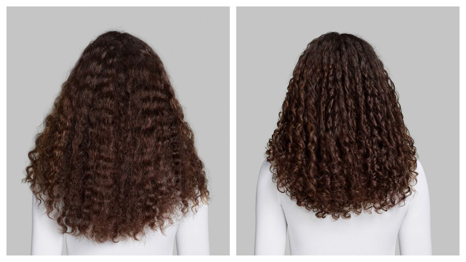 Before and after of a model with curly hair, styled with the Dyson Airwrap Co-anda2x multi-styler and dryer.