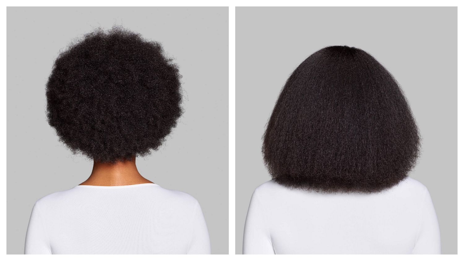 Before and after of a model with coily hair, styled with the Dyson Airwrap Co-anda2x multi-styler and dryer.