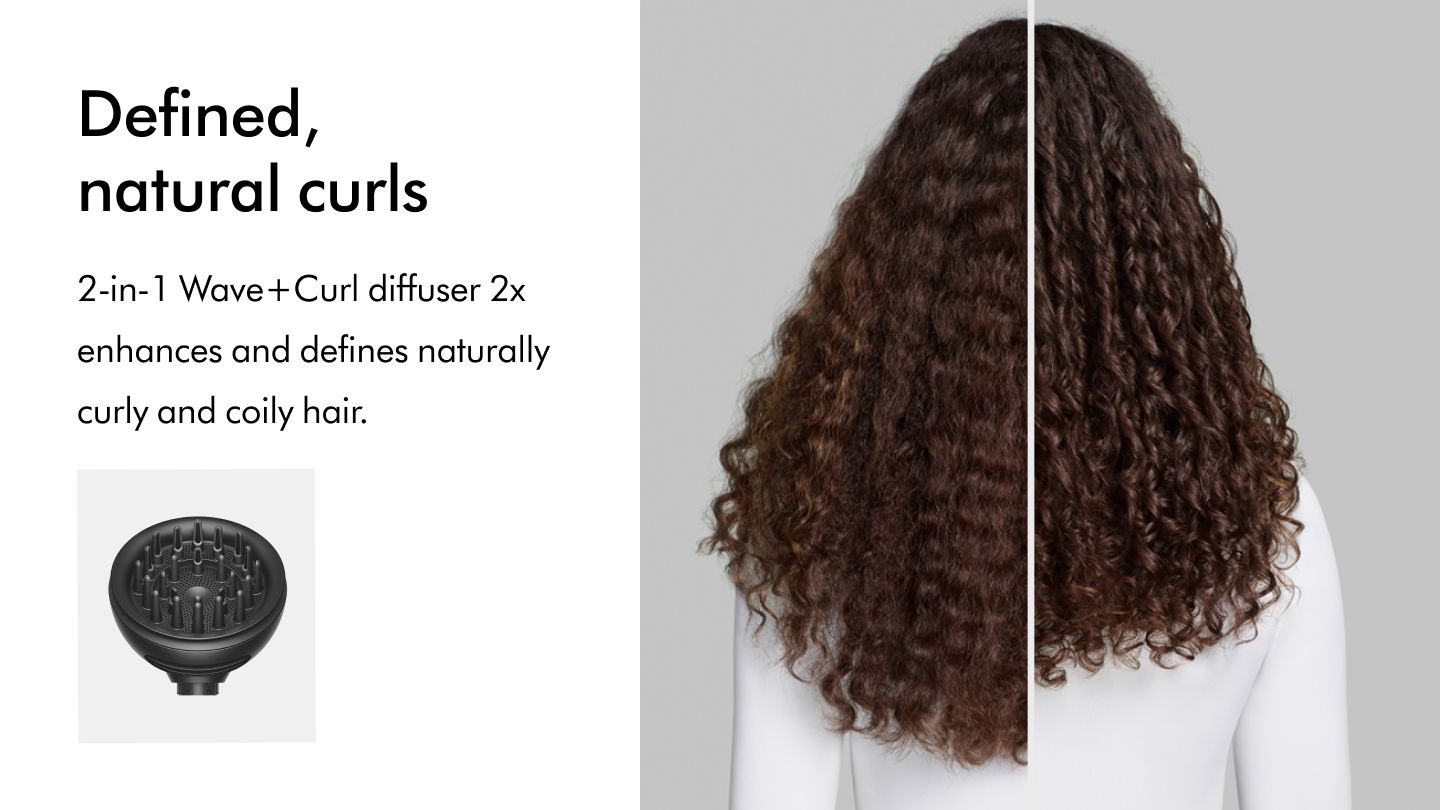 Before and after of model using wave+curl diffuser 2x with the Dyson Airwrap Co-anda2x multi-styler.