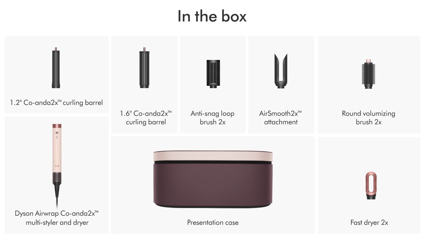 The Dyson Airwrap Co-anda2x multi-styler and dryer with the accessories included in the box.