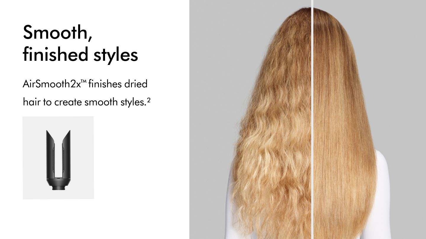 Before and after of naturally wavy blonde hair straightened and smoothed with the Dyson Airwrap Co-anda2x multi-styler.