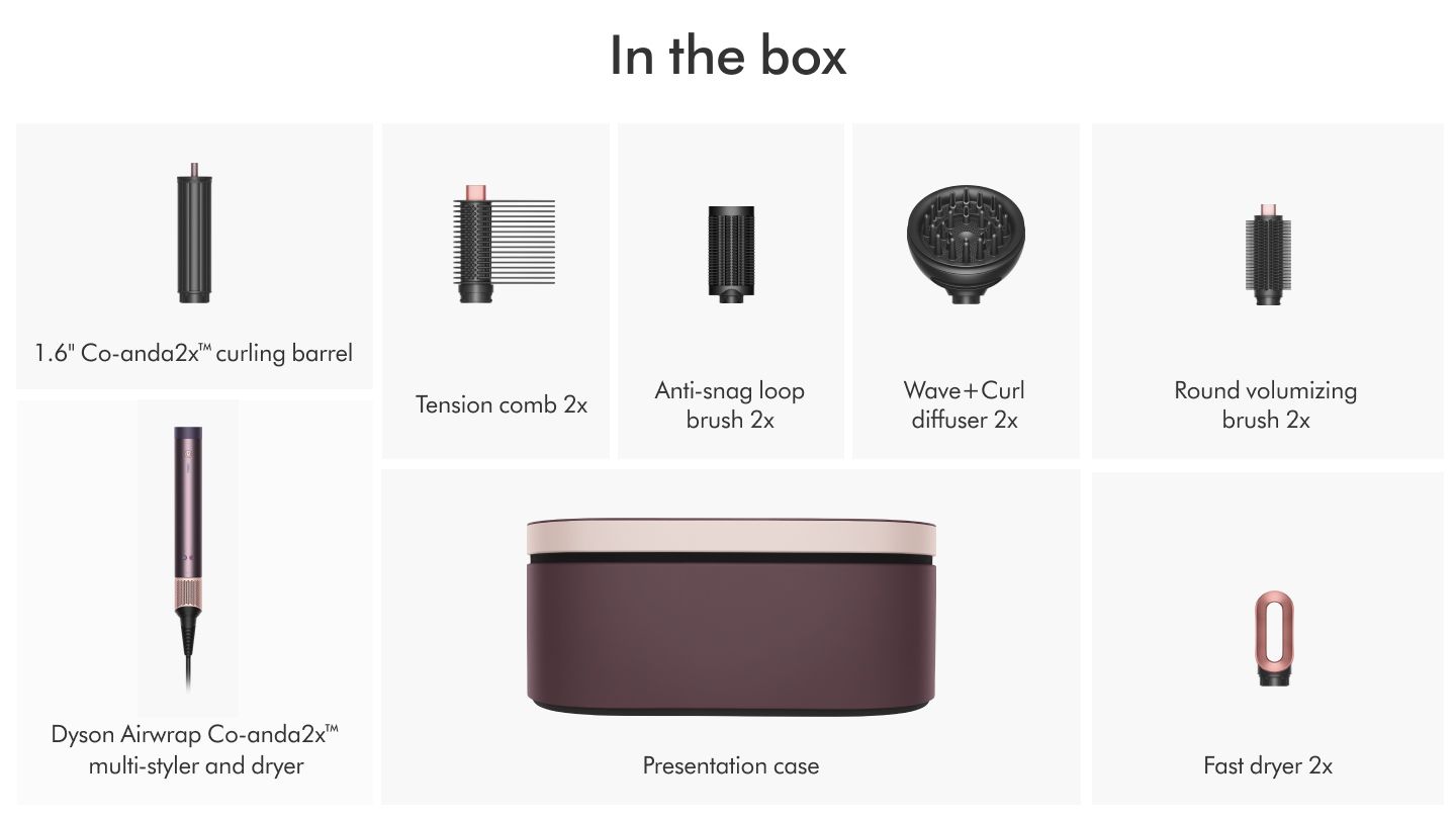 The Dyson Airwrap Co-anda2x multi-styler and dryer with the accessories included in the box.