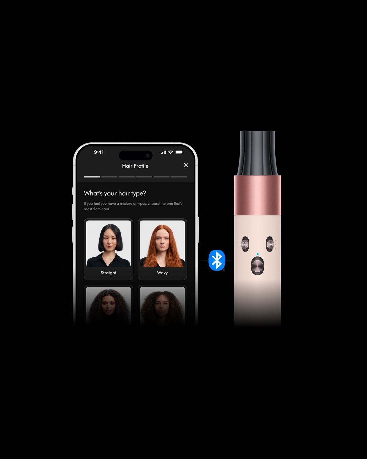 Set of two split images. First is a smartphone, showing the My Dyson app and hair profile. Second has three app screens showing the My Dyson app. Third shows airflow around the barrel as a woman curls her hair. 