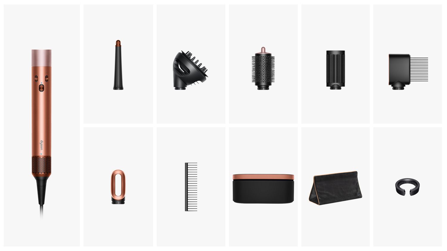 Dyson Airwrap multi-styler with various black attachments including barrels, brushes & case.