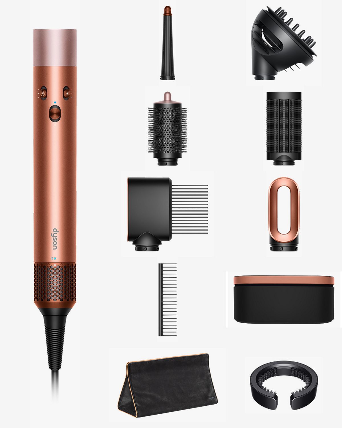 Dyson Airwrap multi-styler with various black attachments including barrels, brushes & case.