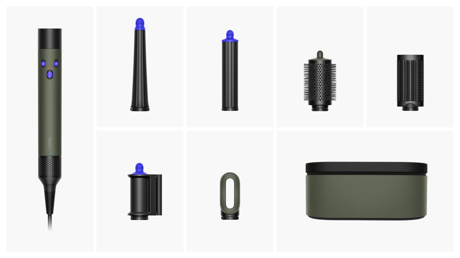 Der Dyson Airwrap i.d. Multi-Haarstyler und -trockner mit enthaltenen Aufsätzen und Zubehör.