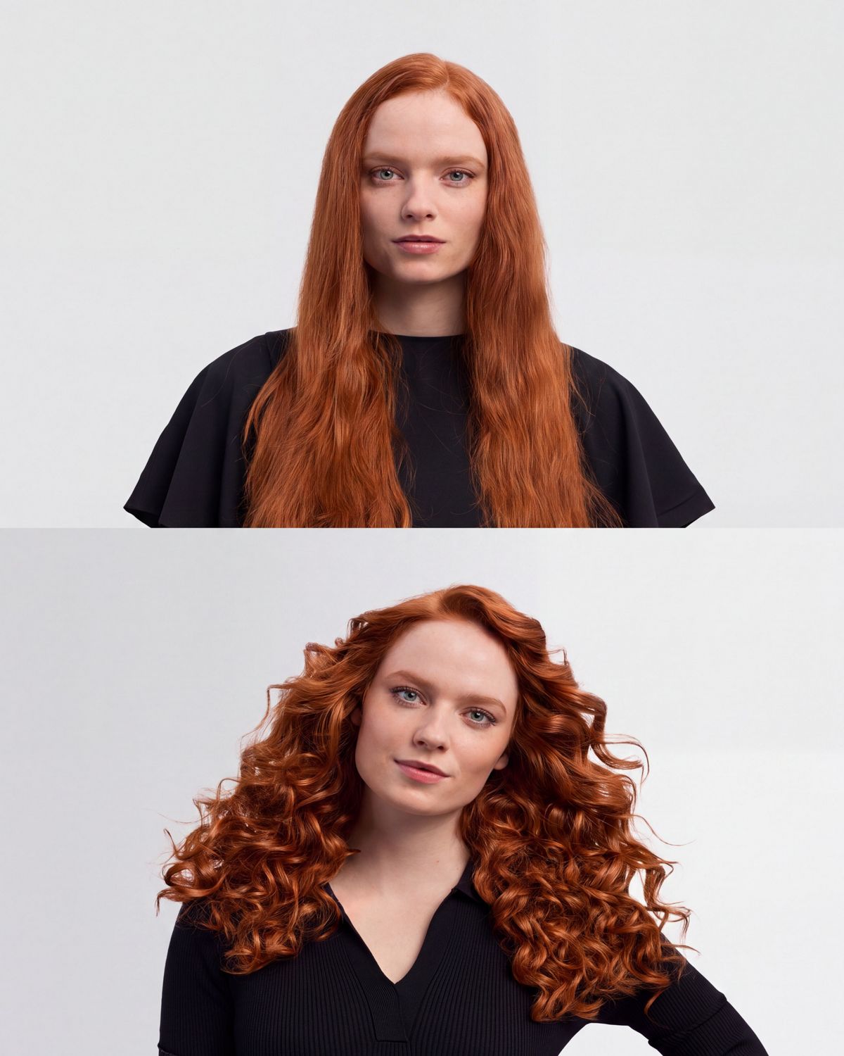 Before and after of a model with their hair curled using the Dyson Airwrap i.d. multi-styler and dryer.