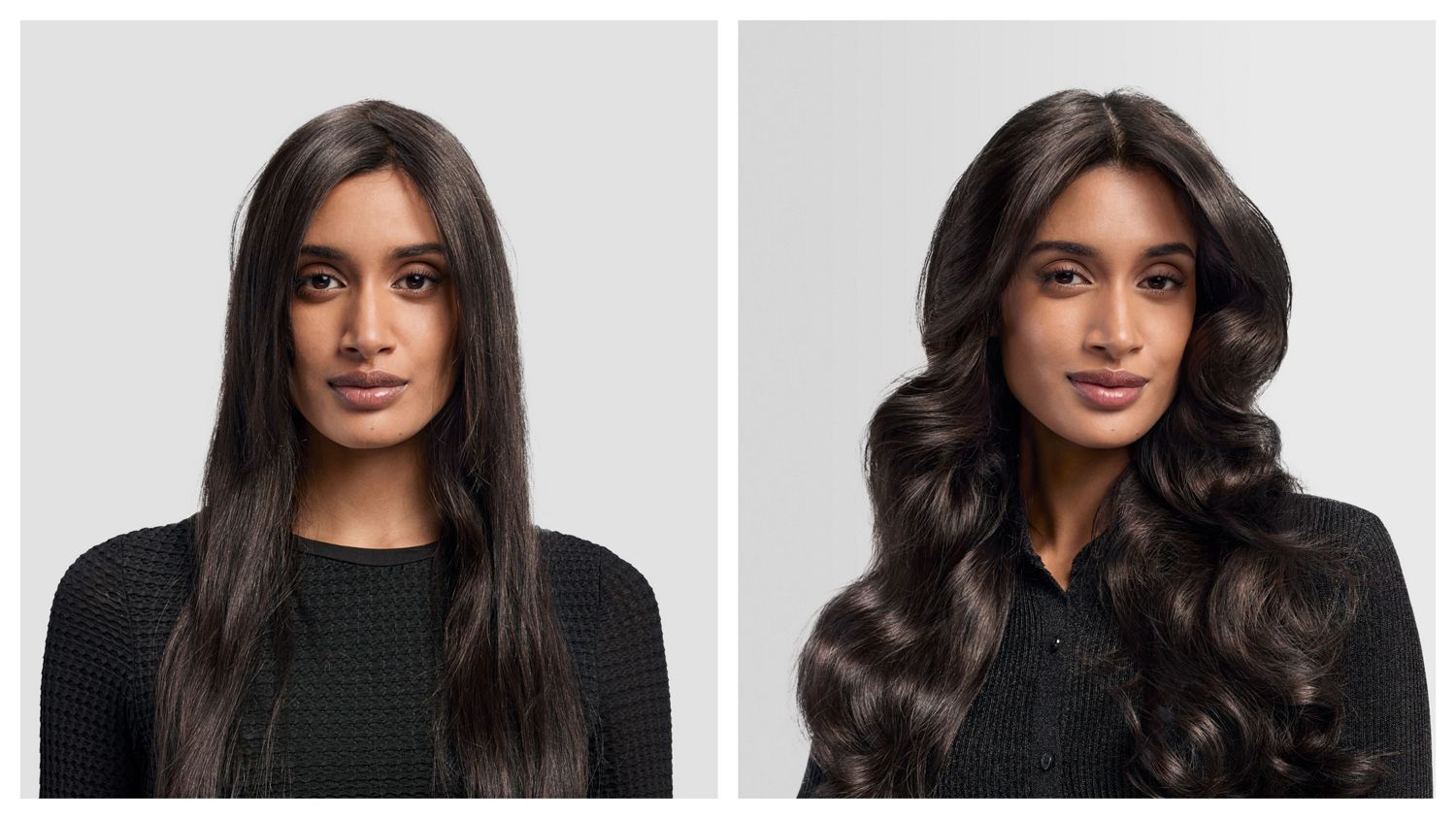 Vorher-Nachher-Aufnahme eines Models, dessen Haar mit dem Dyson Airwrap i.d. Multi-Haarstyler und -trockner gestylt wurde.