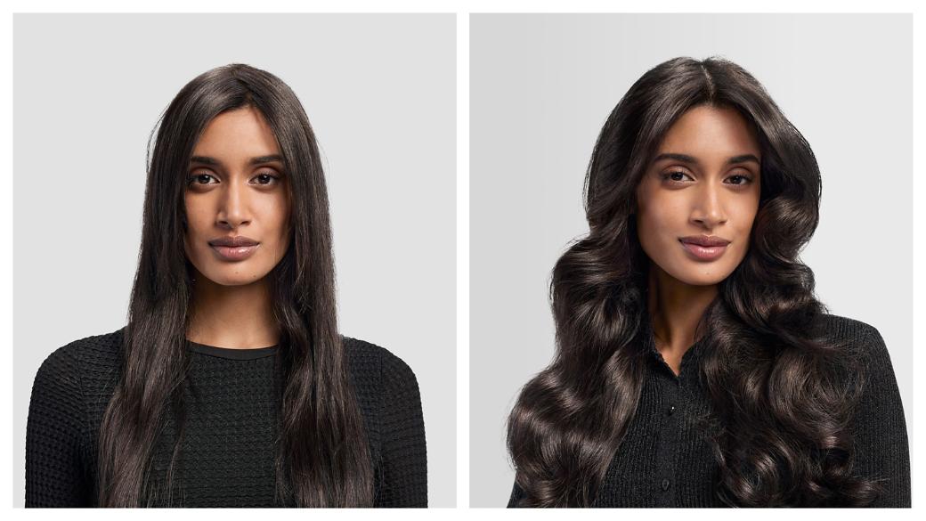 Before and after of a model with their hair styled using the Dyson Airwrap i.d. multi-styler and dryer.