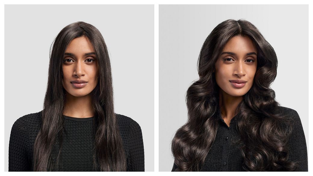Before and after of a model with their hair styled using the Dyson Airwrap i.d. multi-styler and dryer.