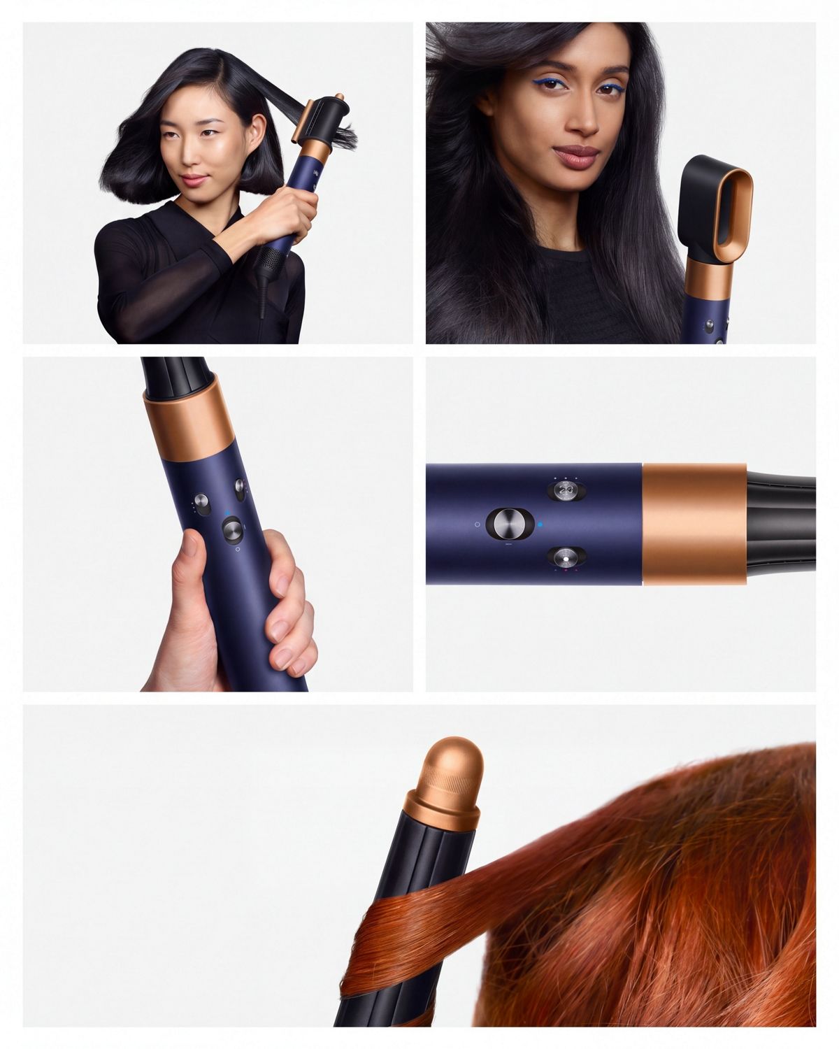 Collage of close-up details of the Airwrap i.d. multi styler and dryer, its attachments, and a model using the device.