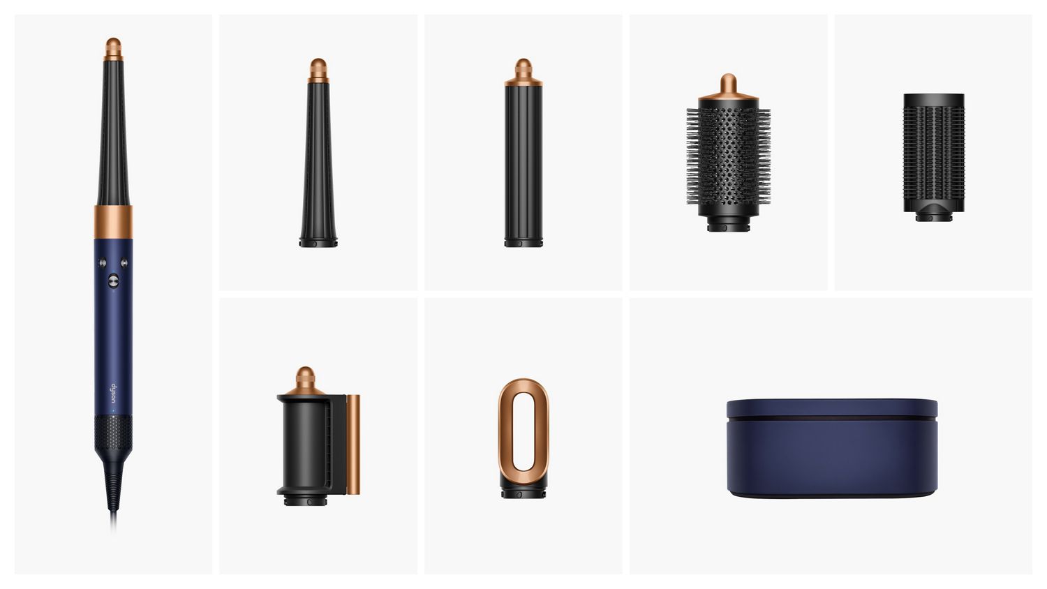 The attachments and accessories included in the box with the Dyson Airwrap i.d. multi-styler and dryer.
