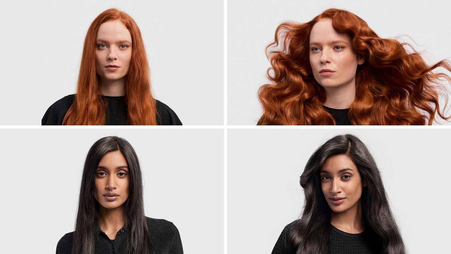 Before and after imagery of hair styled using the Dyson Airwrap i.d. multi-styler and dryer.