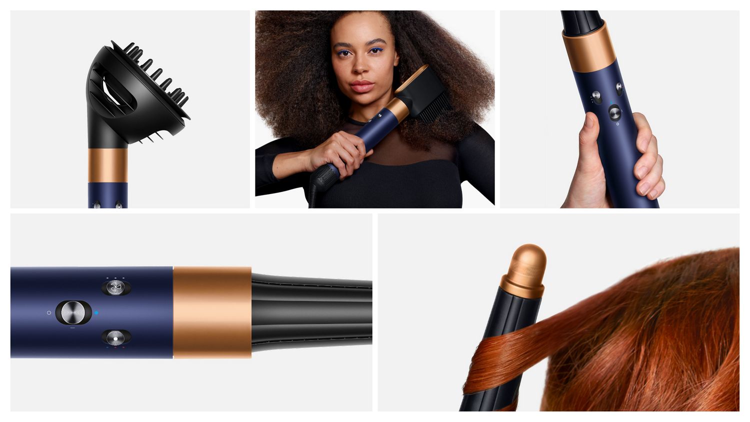 Collage of close-up details of the Airwrap i.d. multi styler and dryer, its attachments, and a model using the device.