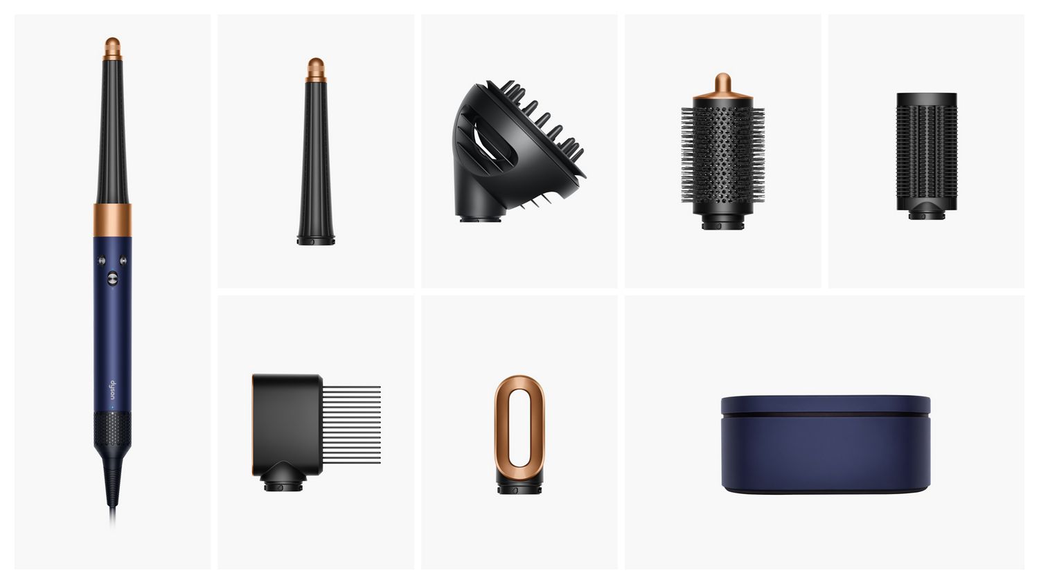 Set of three split images. First is a smartphone, showing the My Dyson app and hair profile. Second has three app screens showing the My Dyson app. Third shows airflow around the barrel as a woman curls her hair. 