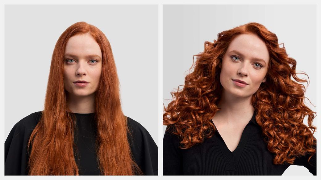 Model with unstyled hair on the left with hair styled using the Dyson Airwrap i.d. multi-styler and dryer on the right.